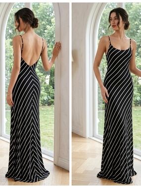 SNAP Sleeveless Black Maxi Dress with White Diagonal Stripes Low Back